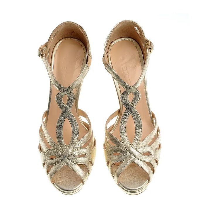 Sandale din piele naturală aurie cu toc mediu Veronesse, 35