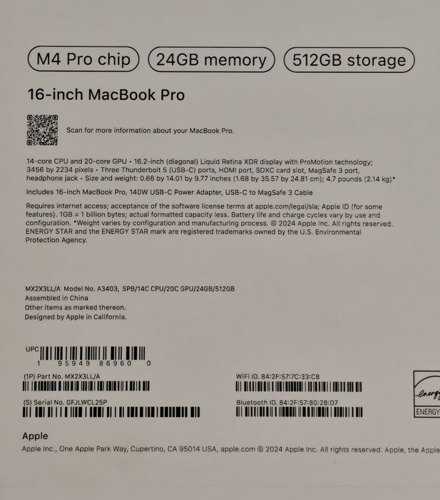 MacBook Pro 16 M4PRO 24/512 100% аккумулятор