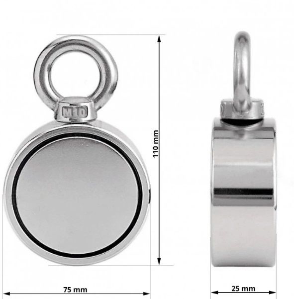 Magnet neodim oală D 75 mm cu două cârlige inelare și două fețe 200kg