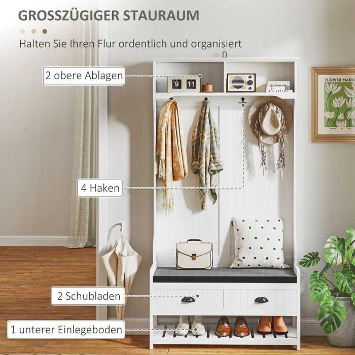 HOMCOM Закачалка за палта с куки, Гардероб с пейка за обувки
