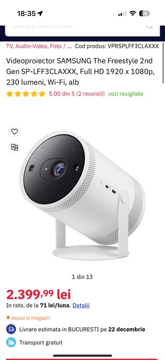 Videoproiector SAMSUNG The Freestyle 2nd Gen SP-LFF3CLAXXX, ca nou