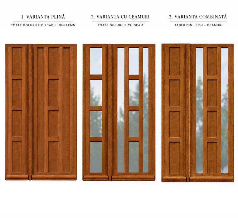 Usi de exterior din lemn stratificat, diverse modele