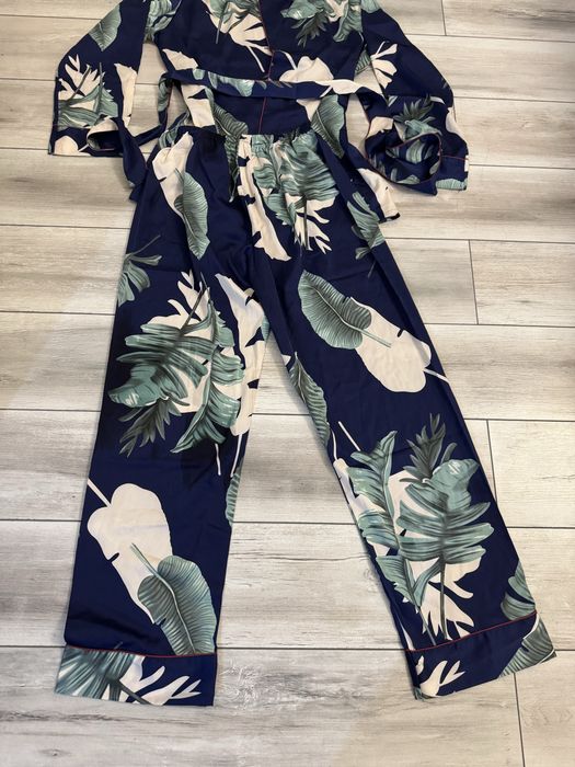 Pijama noua satin frunze bleumarin s36