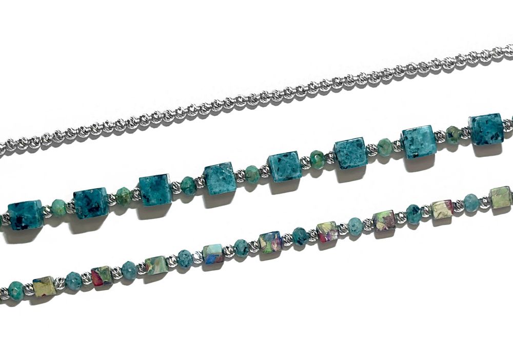 Сребърна гривна от естествени мъниста камъни и перли - ахат аметист