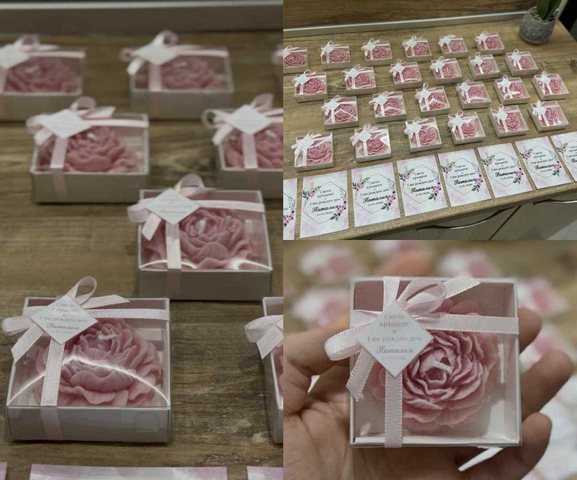 Подаръци за гости свещи божур за сватбa кръщениe рожден ден бал юбилей