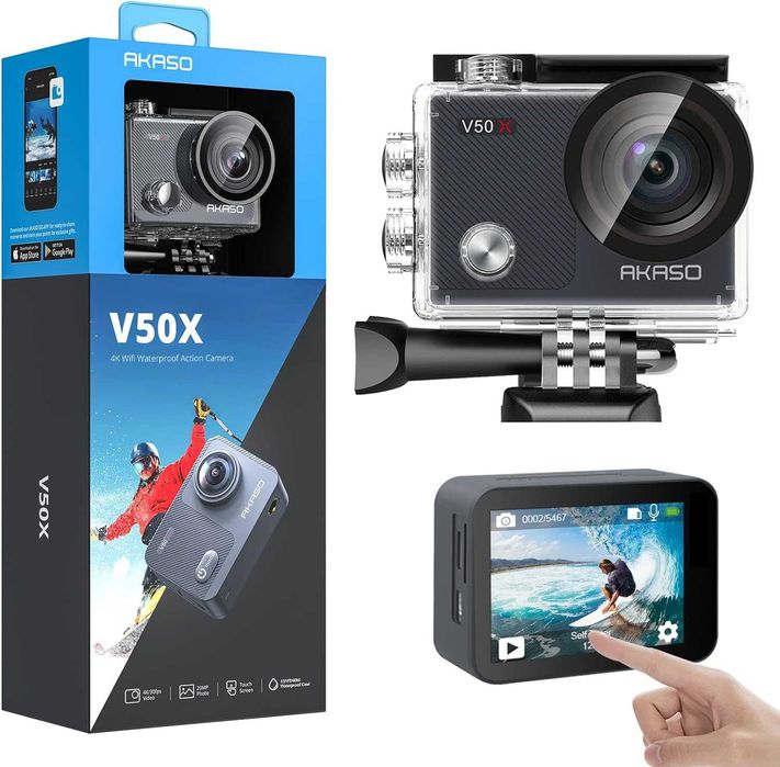 Camera Video Sport WiFi AKASO V50X UltraHD 4K/30FPS/20MP, Stabilizare Electronica, Unghi Reglabil 170°, Zoom Digital, Telecomanda, Waterproof, Black