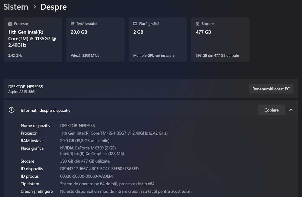 Laptop Acer Aspire 3 (Model A315-58G)