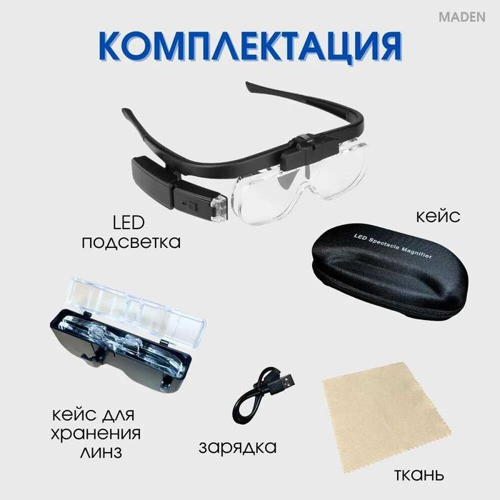 Лупа очки, 3 шт. сменными линзами с USB подсветкою.