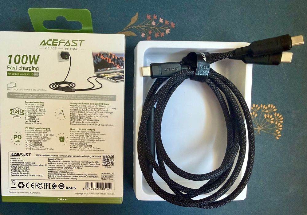 Kабел за зареждане Acefast C5 2в1 с USB-C - USB-C / USB-C