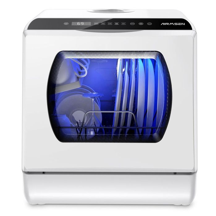 Mini mașină de spălat vase de birou cu 5+1 programe, rezervor de 5L, control tactil, afișaj LED – alb