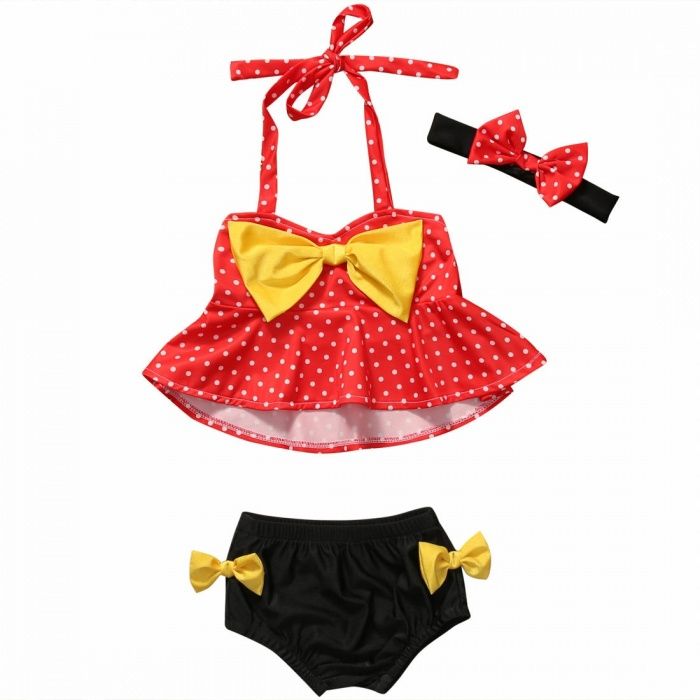Costum de baie fetita model rochiță cu buline +bentita+slip