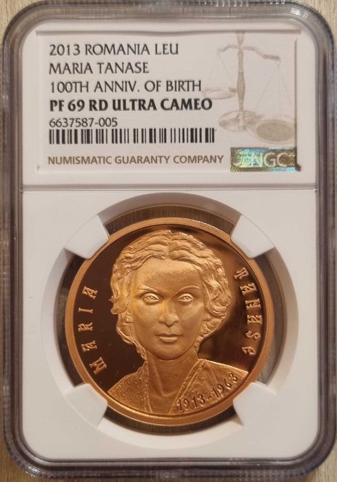 Moneda BNR 1 Leu tombac Maria Tanase gradata NGC PF 69 UC