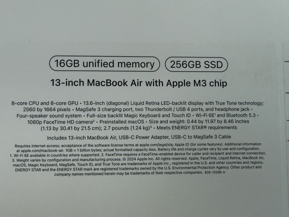 Mac Book Air 13 - M3, 16gb, 256 GB SSD