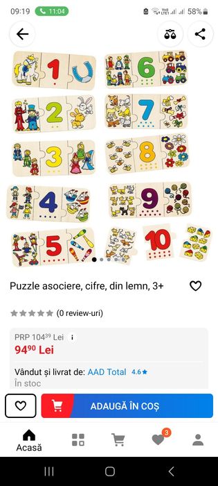 Puzzle asociare lemn 3+
