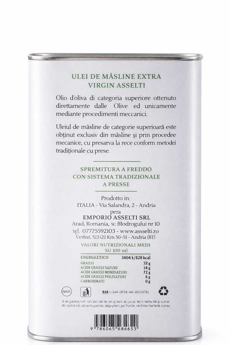 Ulei de masline extravirgin categorie superioara1l, din prima presare la rece a maslinelor, Fara pesticide, Gust fructat intens