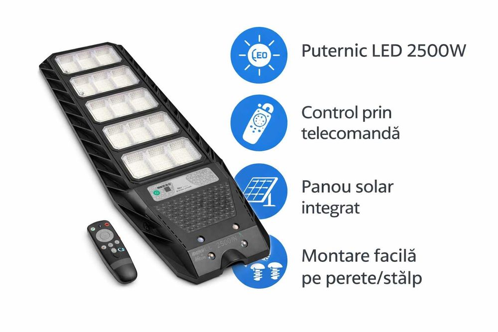 Lampa solara LED 2500W cu telecomanda iluminare exterior