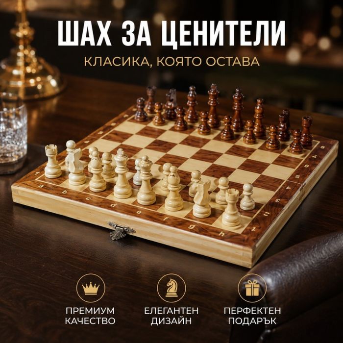 Дървен комплект 3 в 1 – Шах, дама и табла със сгъваема дървена кутия и фигури