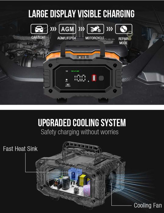 NEXPEAK NC202 10-Amp зарядно устройство за батерии 12V 24V LiFePO4 оловно-киселинни 8-степенно