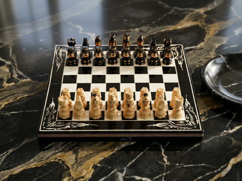 Joc de șah și table din lemn, sculptat și pictat manual (artizanat)