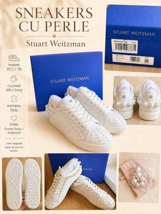 Sneakers Stuart Weitzman cu perle, din piele, marime 37.5