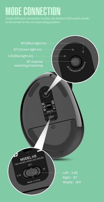 Mouse wireless vertical, cu sau fara fir 2.4GHz + BT 5.0,