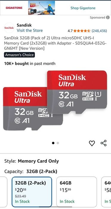 Pachet 2X 32GB MicroSD SanDisk Ultra Plus A1 120MBs