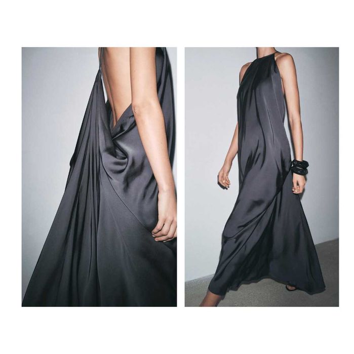 Zara rochie lunga Limited Edition spate gol satin petrol navy eleganta unica
