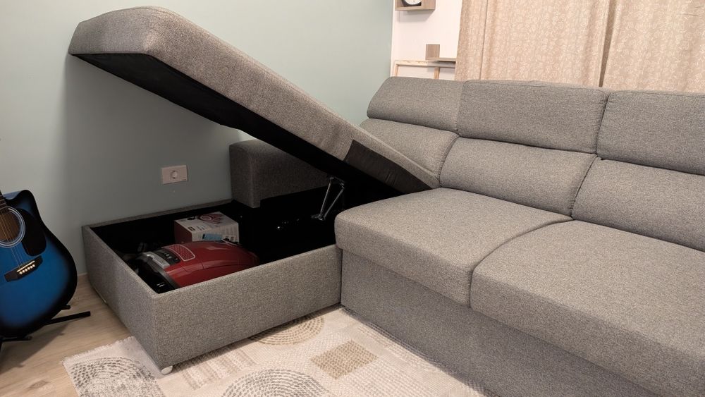 Colțar Extensibil Morgan (Vellea) – Ca Nou, Tetiere Reglabile și Ladă