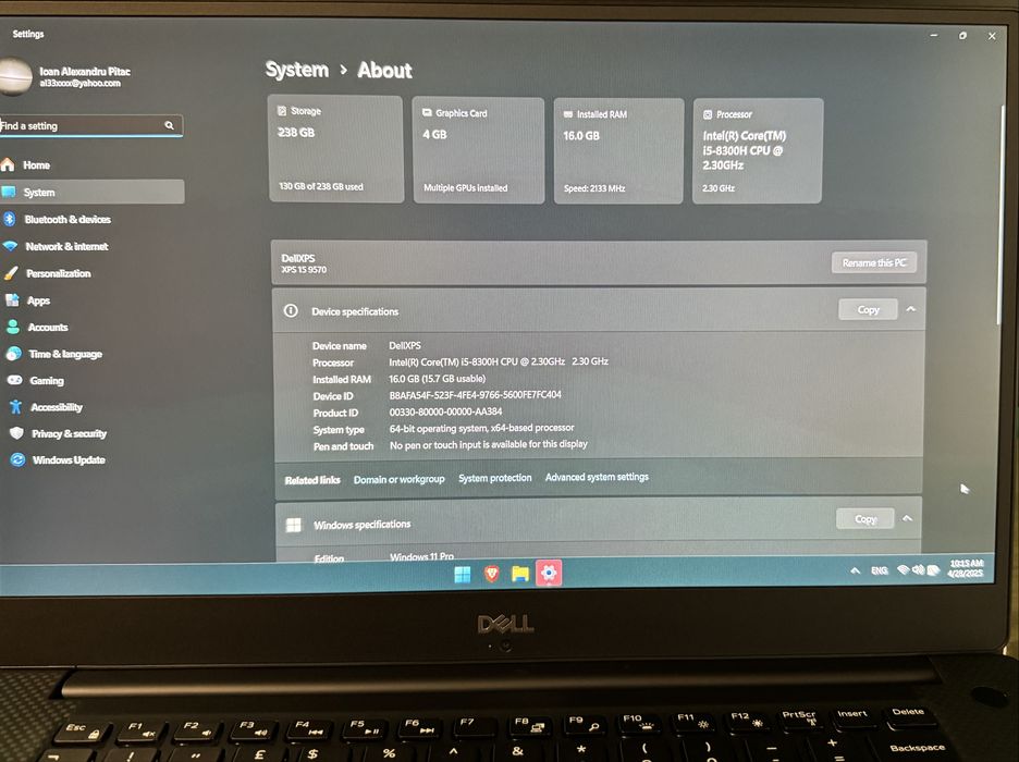 Laptop Dell XPS 9570 I5 8300H GTX1050 97Wh Aluminium