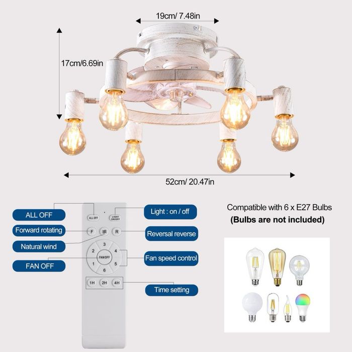 Ventilator tavan joasă înălțime 52cm cu 6 becuri E27 & telecomandă – alb