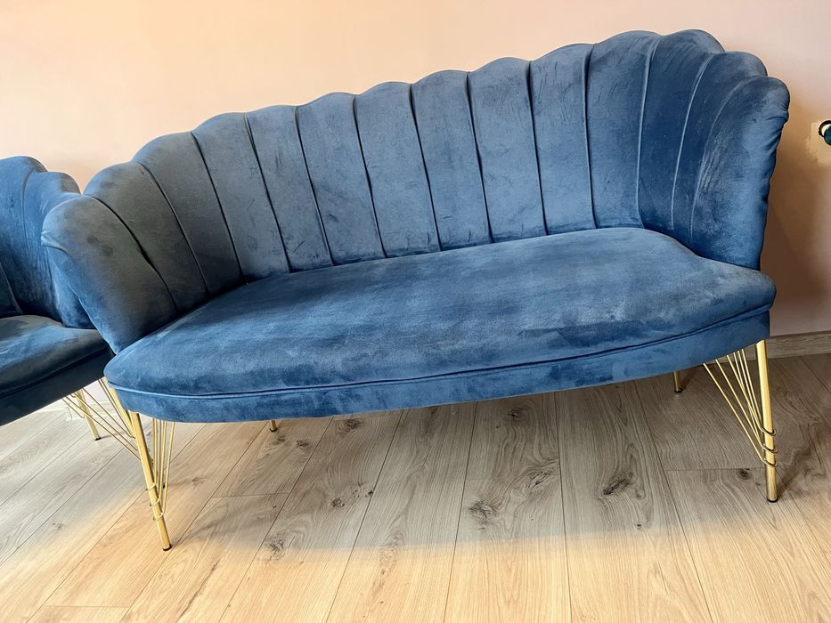 Set canapea cu doua fotolii din catifea albastru inchis