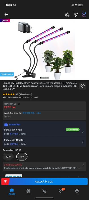Lampa UV Full Spectrum pentru Cresterea Plantelor cu 3 picioare si 120 LED-uri, 40 w, Temporizator, Corp Reglabil, Clips si Adaptor USB  Lumina UV

4,