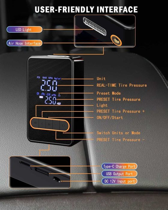 Акумулаторен мини копресор, Power Bank, Автоматично изключване, LED