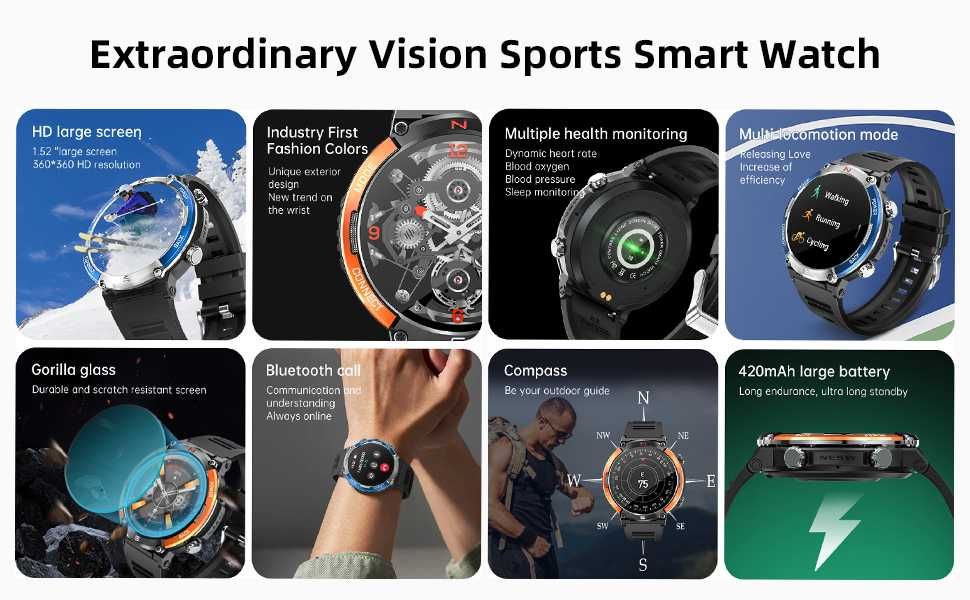 Military X11 Smart Watch 420mAh Compass 1.52'' HD Barbati Nou!!