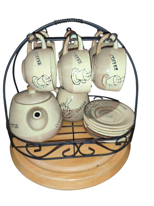 Set de cafea de 6 cești cu suport metalic