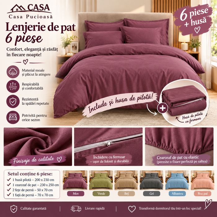 Lenjerii de pat cu elastic la cearceaf + husa de pilota cu fermoar !