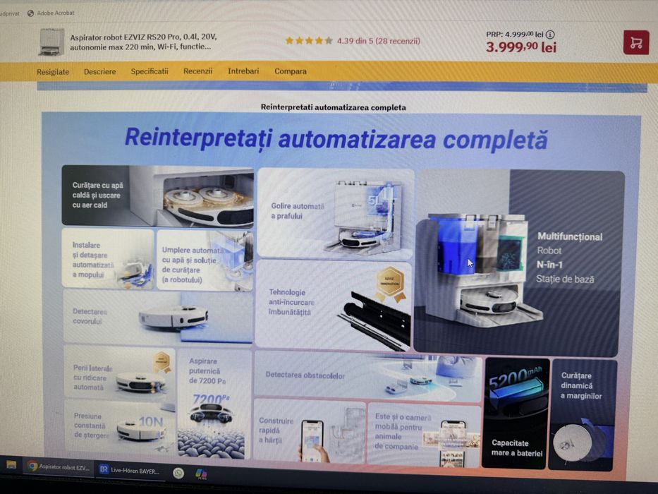 Aspirator Robot in Garantie EZVIZ RS20 Pro stare Noua, autonomie 220 min Wi-Fi, functie mop