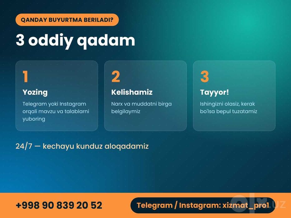 Kurs ishi, slayd, test, esse, tarjima — talabalar uchun
