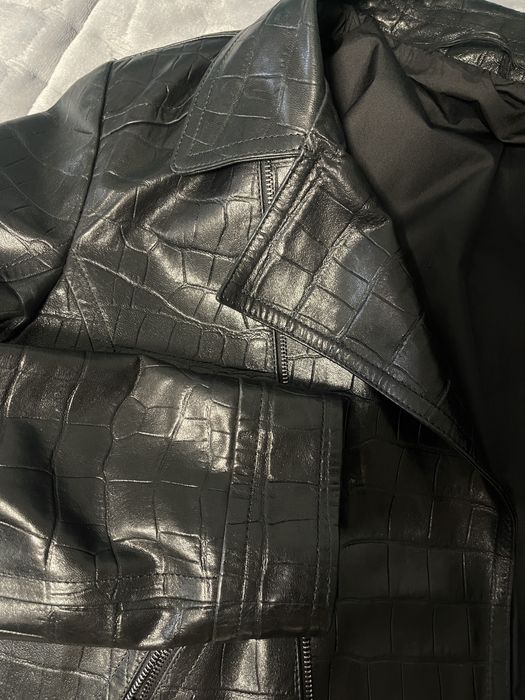 Geacă din piele naturală neagră tip croco, M/L, NOUĂ, Calitate PREMIUM