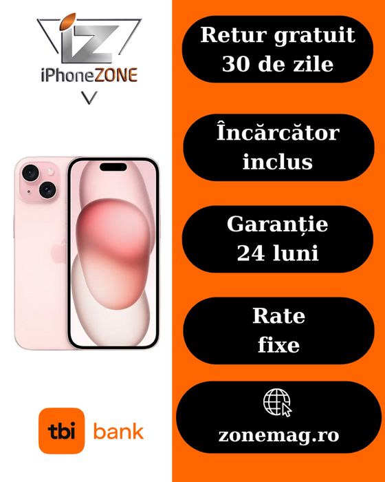 Iphone 15 256GB 100% Roz Garantie Rate BuyBack - zonemag.ro