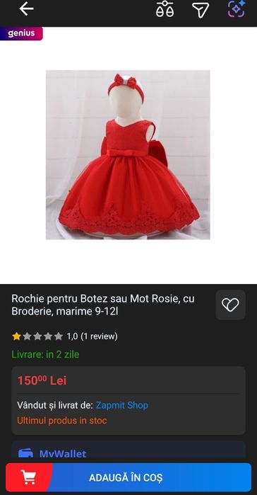 Rochie pentru Botez sau Mot Rosie, cu Broderie, marime 9-12l
