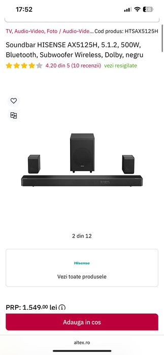 Soundbar HISENSE AX5125H, 5.1.2, 500W, Bluetooth, Subwoofer negru !