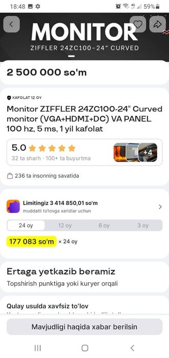 Монитор Zifler 24zc100-24 dyum сотилади
