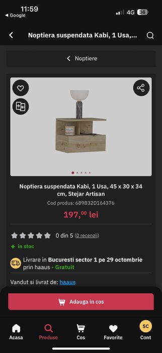 Vand noptiera pat suspendata stejar 45 x 30 x 34
