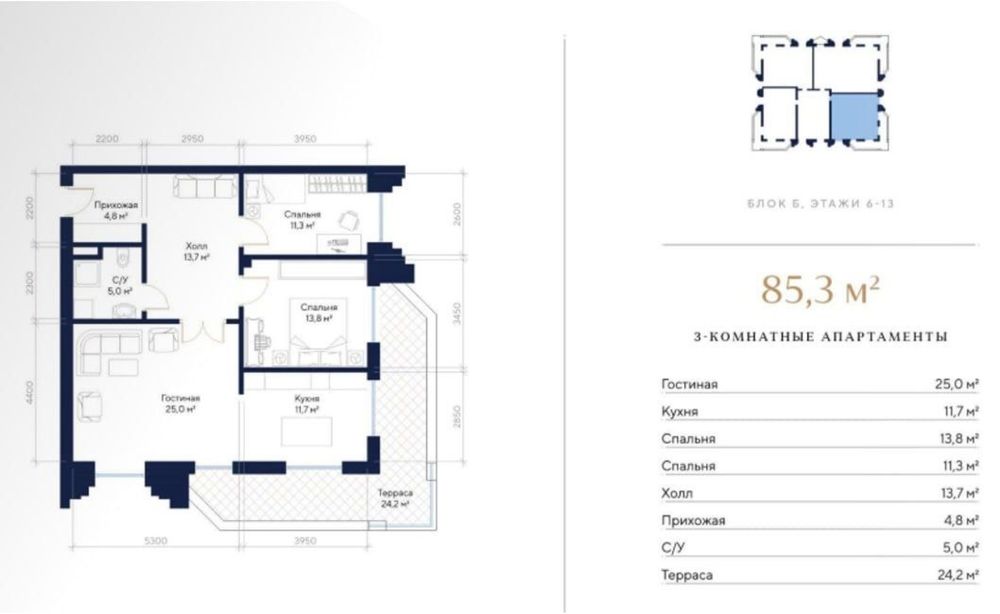 3х ком кв| ЖК «SAPPHIRE TERRACE», блок Б.| 3/6/13 90м2