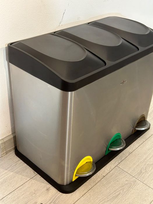 2 Buc. Coș de Gunoi din Inox, cu 3 Compartimente Colectare Selectivă