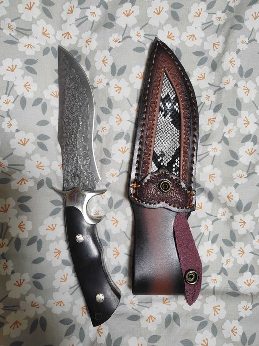 Cutit Thai din otel Damasc, garda la maner, teaca cu model, piele eco