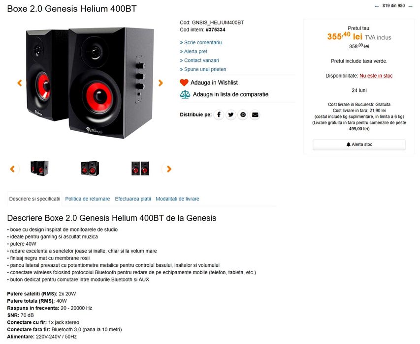 Boxe 2.0 Genesis Helium 400BT noi, in cutie