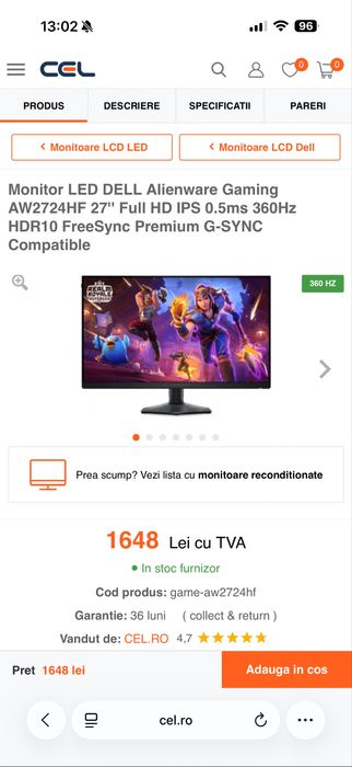 Monitor Dell Alienware 360hz, 27’’ FHD 1920x1080 , AW2724HF