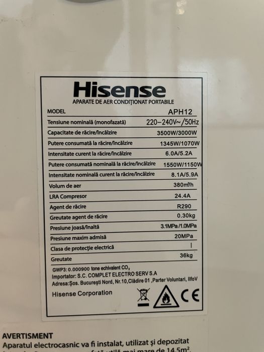 Aparat climă mobilă Hisense 9000BTW
